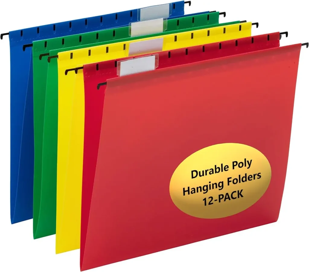 Smead Poly Plastic Hanging File Folders for Documents with Tabs, Letter Size, 0.5 Inch Expansion, File Cabinet Organizer for Filing Cabinets, Assorted Primary Colors, Office Supplies (64026)